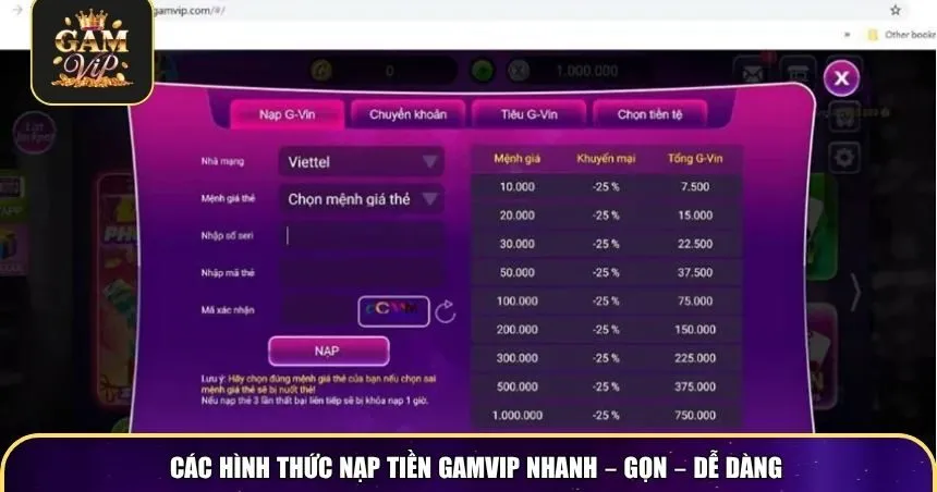 Các hình thức nạp tiền Gamvip nhanh – gọn – dễ dàng