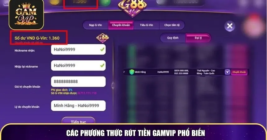 Các phương thức rút tiền Gamvip phổ biến